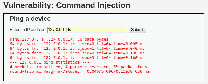 Input Command Injection ataque Alto fallido